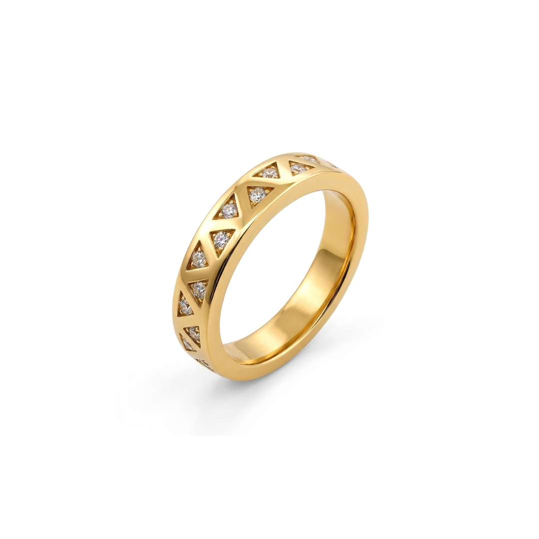 Media alianza de oro amarillo de 18kt con 12 diamantes talla brillantes engastados en tensión en forma de triángulo de 0,015ct cada uno.
Joyería compro oro, dónde comprar  y vender joyas al mejor precio en Barcelona. Joyas de segunda mano  al mejor precio, envío gratuito. Anillos de compromiso baratos