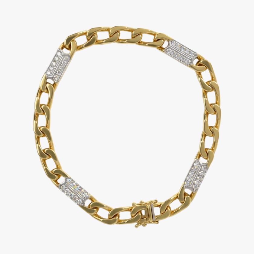 Pulsera de oro amarillo de 18kts compuesta de 50 diamantes de talla brillante con detalles en oro blanco. Joyas de segunda mano en Barcelona al mejor precio.