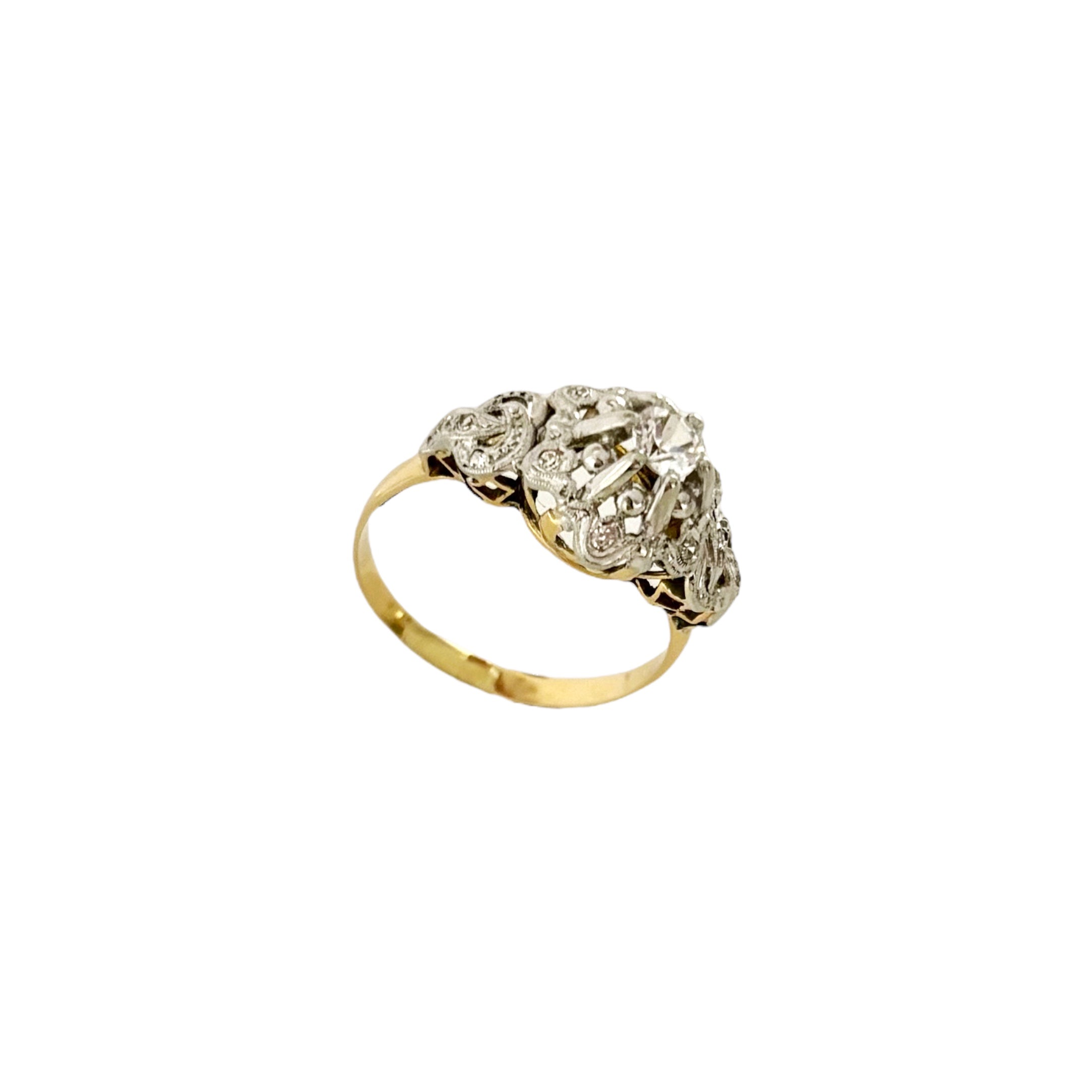 12481GM Sortija vintage de oro amarillo platino y diamantes Joyeria Ian or