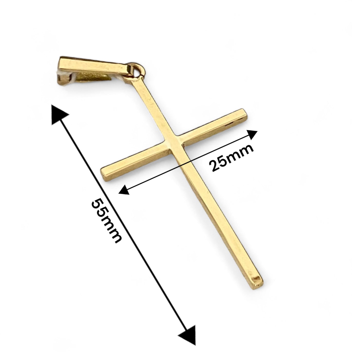 Colgante en forma de Cruz lisa realizada en oro amarillo de 18kt. Mide 5,5cm de largo y 2,5cm de ancho. Esta cruz unisex es un precioso símbolo religioso para hombre, mujer y comunión. Cruz de oro hombre, cruz para comunión.