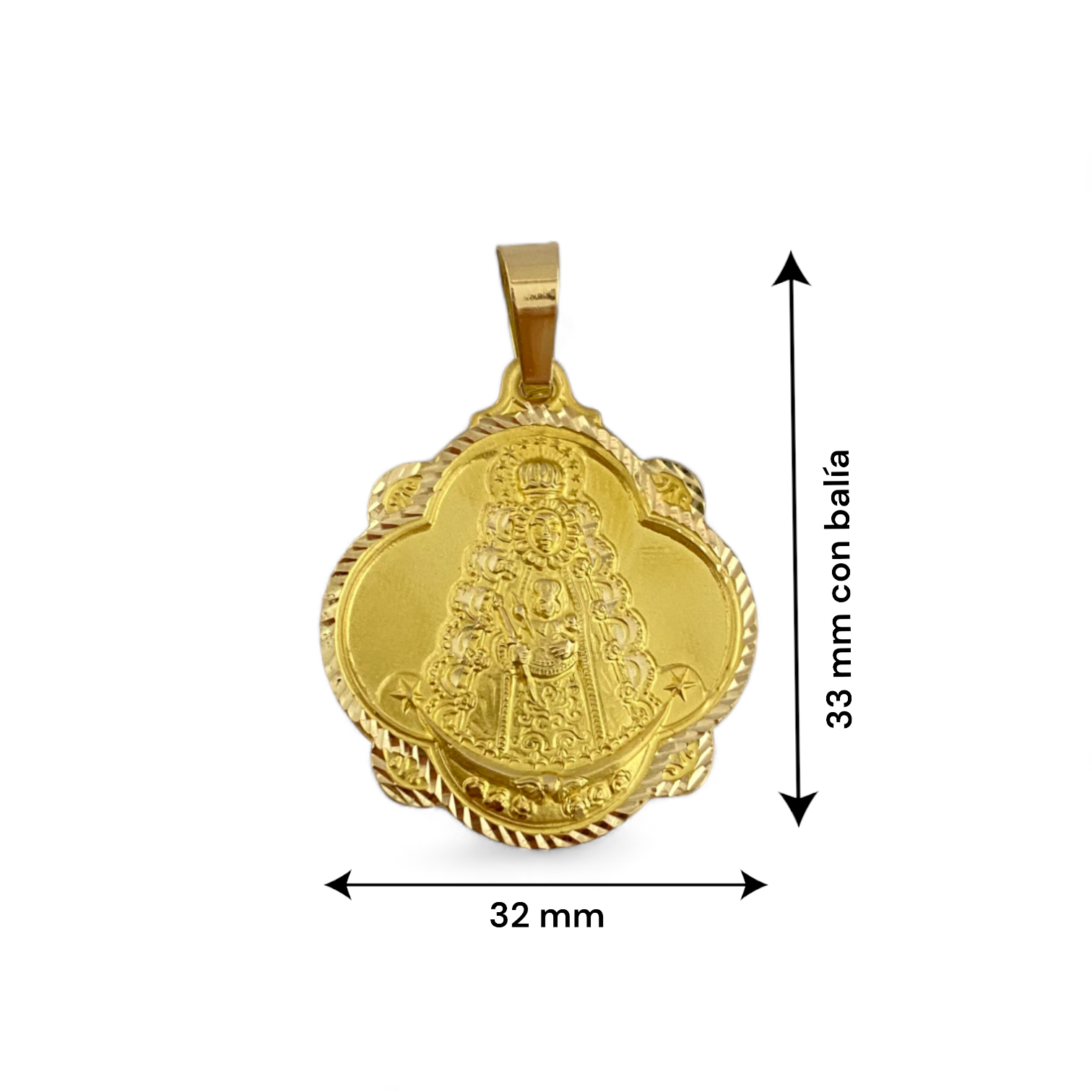Colgante medalla de oro amarillo de 18kt con precioso grabado de la virgen del Rocío. La medalla tiene un diámetro de 32mm y la balía es de 1cm de largo. Joyeria compro oro donde comprar y vender  joyas y oro al mejor precio en Barcelona