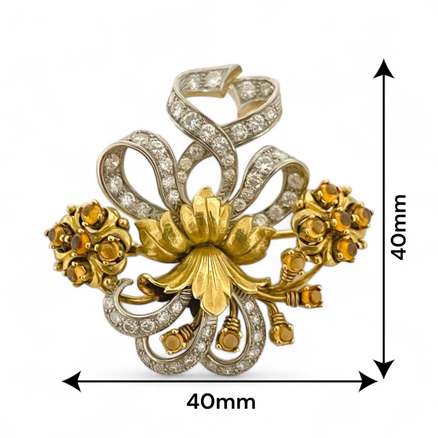 12922GM - Broche antiguo de oro de 18kt diamantes y ámbar