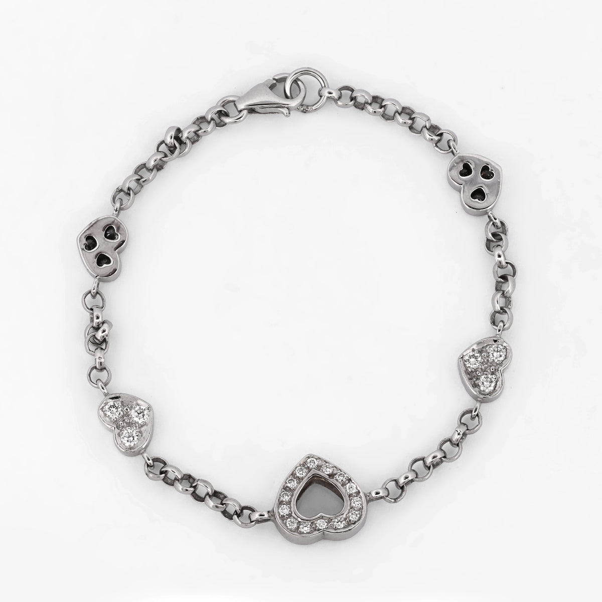Pulsera de oro blanco de 18kt con cadena tipo rolo y diamantes alternos estilo Chopard. 
Joyería Compro Oro Barcelona. Joyas de segunda mano. Envío gratis.