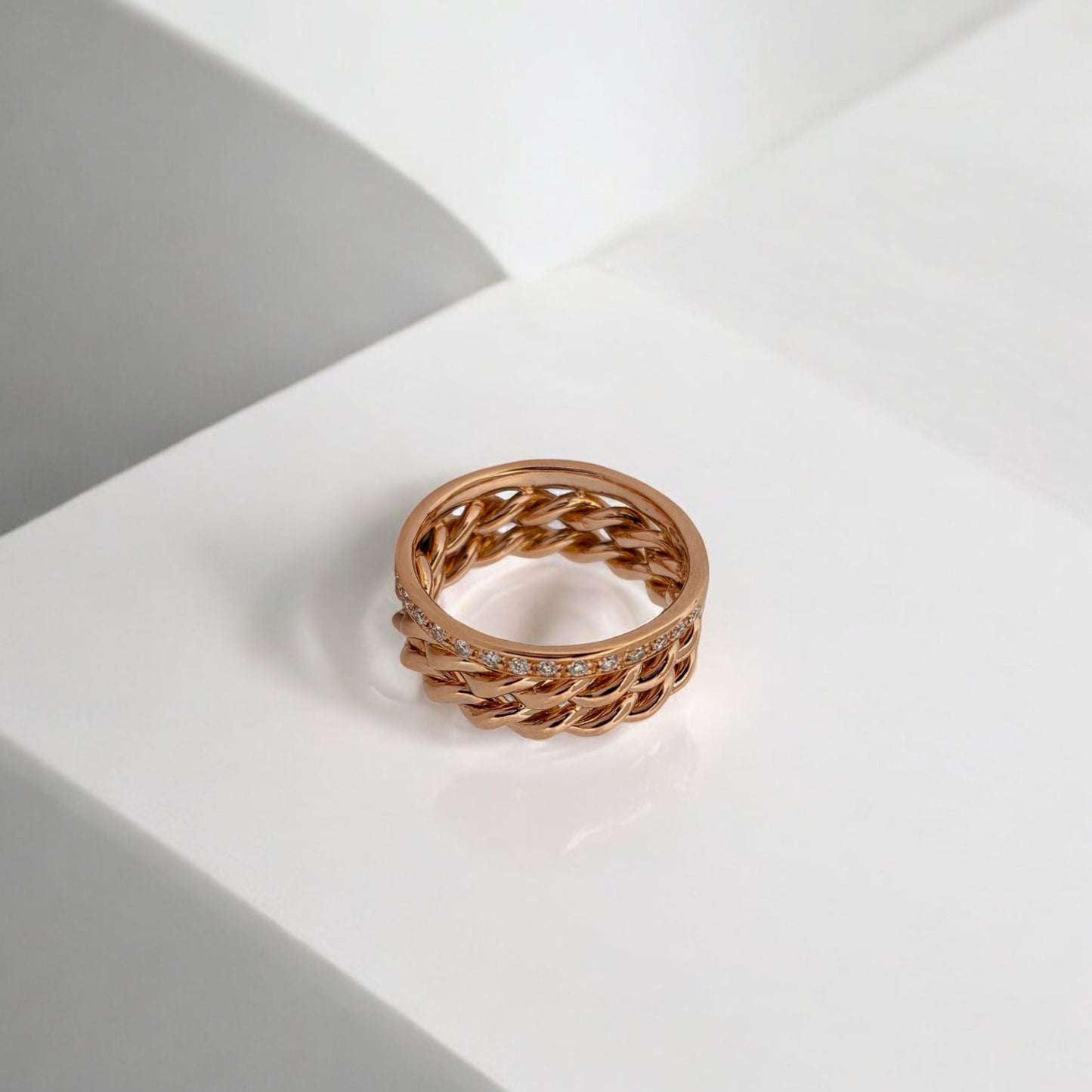 13114GM - Sortija trio cordón y media alianza diamantes oro rosa 18kt