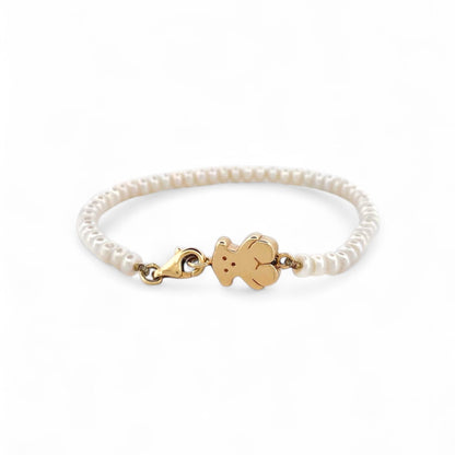 Comprar pulsera original de la firma TOUS con perlas cultivadas y oso sweet dolls en oro amarillo de 18kt. Pieza descatalogada. Pulseras Tous baratas. Ian'Or.