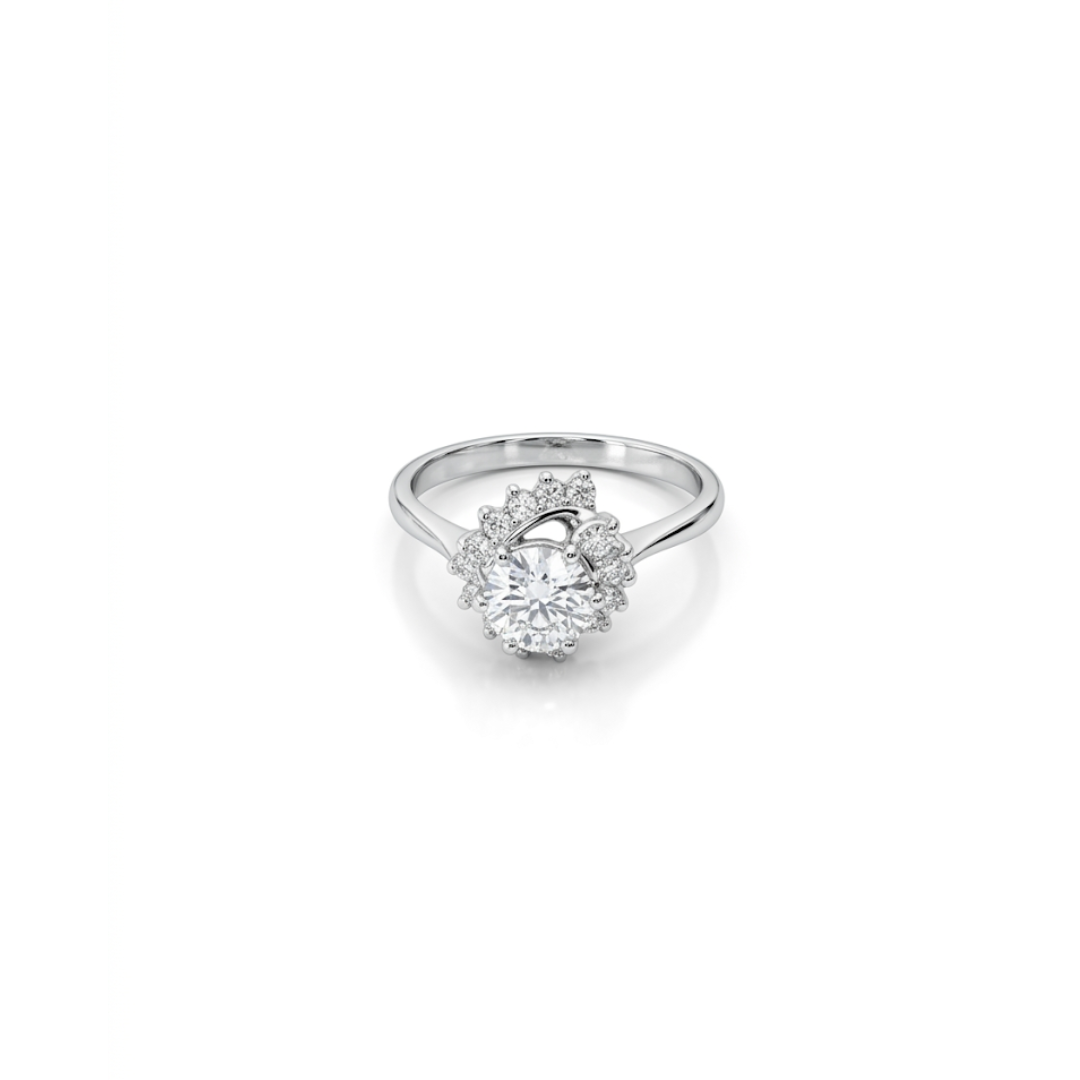 Comprar sortija realizada en Oro blanco de 18kt con rosetón de diamantes. Diamante central talla brillante de 6,47mm y rosetón de 12 brillantes de 0,04ct cada uno
