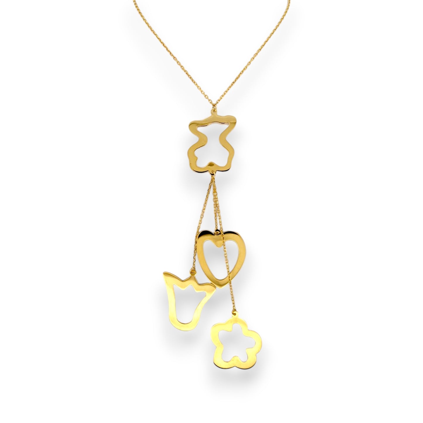Collar original de la firma Tous de oro de 18kt con cadena de 40cm de largo y colgantes en forma de osito, corazón, tulipán y flor en oro. Con cierre tipo reasa.
Joyería compro oro, dónde comprar y vender joyas en Barcelona al mejor precio. Venta de joyas. Joyas de segunda mano Tous.
