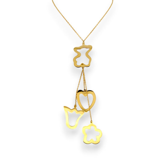 Collar original de la firma Tous de oro de 18kt con cadena de 40cm de largo y colgantes en forma de osito, corazón, tulipán y flor en oro. Con cierre tipo reasa.
Joyería compro oro, dónde comprar y vender joyas en Barcelona al mejor precio. Venta de joyas. Joyas de segunda mano Tous.