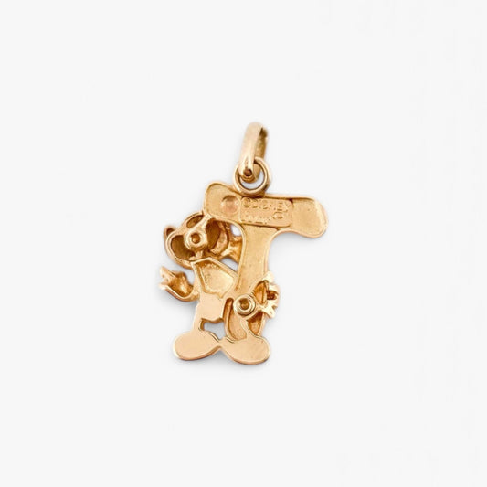 Colgante Mickey mouse con la inicial T realizado en oro amarillo de 18kt. Joyas disney en forma de corazón. Joyas restauradas. Envío gratis.