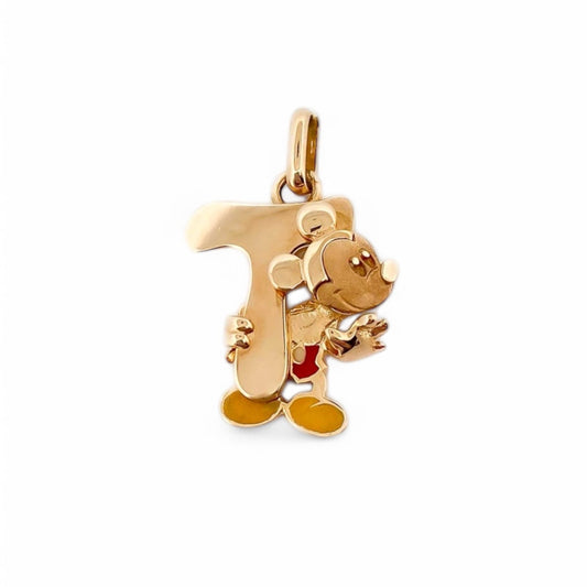 Colgante Mickey mouse con la inicial T realizado en oro amarillo de 18kt. Joyas disney en forma de corazón. Joyas restauradas. Envío gratis.