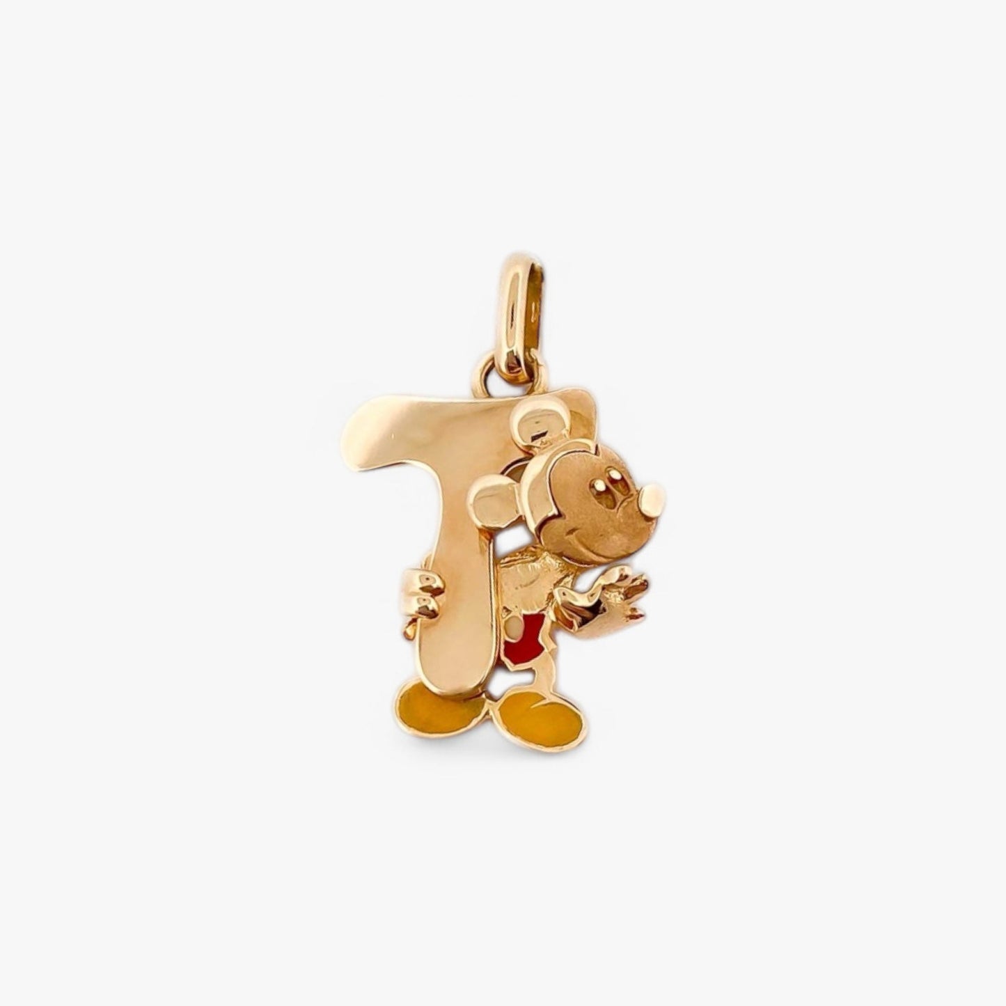 Colgante Mickey mouse con la inicial T realizado en oro amarillo de 18kt. Joyas disney en forma de corazón. Joyas restauradas. Envío gratis.
