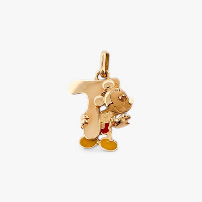 Colgante Mickey mouse con la inicial T realizado en oro amarillo de 18kt. Joyas disney en forma de corazón. Joyas restauradas. Envío gratis.