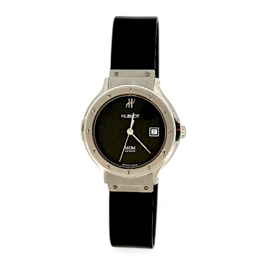 Reloj mujer de la firma Hublot realizado en caucho negro y acero, esfera negra de 28mm con cristal de zafiro y sin cifras. Relojes Hublot de segunda mano baratos Barcelona.