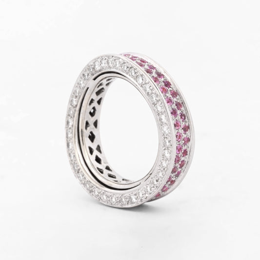 Anillo realizado en oro blanco de 18kt con 72 diamantes talla brillante y 74 zafiros rosas talla brillante. Joyas baratas. Envío gratuito. Anillos con diamantes