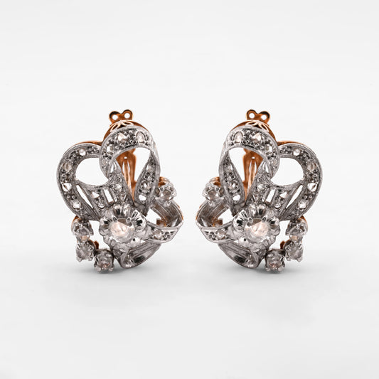 Comprar pendientes vintage de oro amarillo de 18kt con diamantes talla antigua engastados en platino. Joyas vintage de oro y platino de segunda mano. Ian'Or.