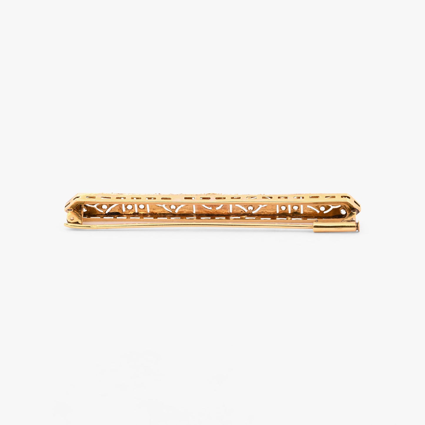 Broche vintage art decó tipo alfiler realizado en Oro amarillo de 18kt con pequeños&nbsp; diamantes talla antigua y un diamante central de 2,5mm.  Broches de oro vintage para novias.