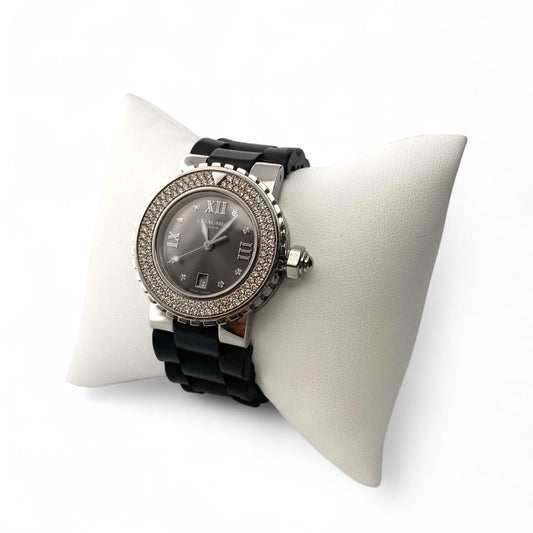 Comprar reloj automático de Mujer en caucho negro y acero inoxidable con pave de diamantes en la esfera. Joyas de segunda mano y restauradas en Barcelona.