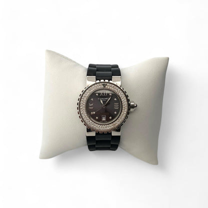 Comprar reloj automático de Mujer en caucho negro y acero inoxidable con pave de diamantes en la esfera. Joyas de segunda mano y restauradas en Barcelona.
