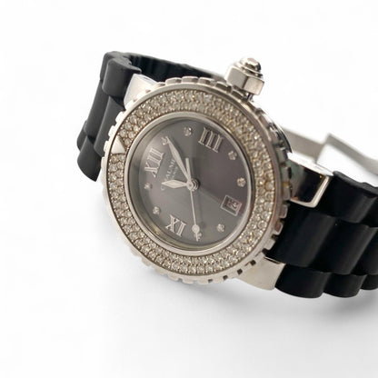 Comprar reloj automático de Mujer en caucho negro y acero inoxidable con pave de diamantes en la esfera. Joyas de segunda mano y restauradas en Barcelona.