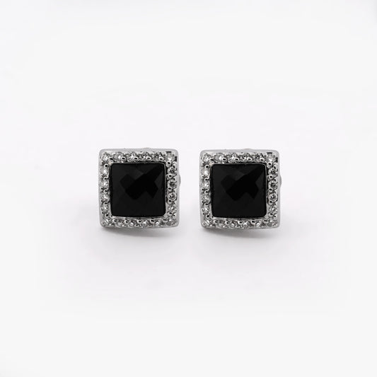 Comprar pendientes realizados en oro blanco de 18kt originales de la firma TOUS con ónix guardado y diamantes talla brillante alrededor. Joyas Tous restauradas.