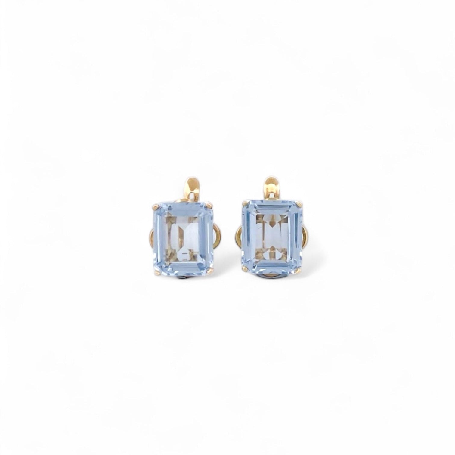 Comprar pendientes realizados en oro amarillo de 18kt con un topacio talla baguette en cada pendiente y cierre catalán. Joyas restauradas. Joyería Ian'Or.