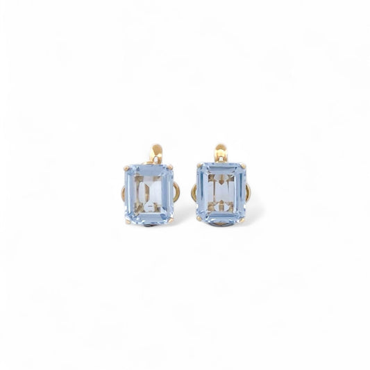 Comprar pendientes realizados en oro amarillo de 18kt con un topacio talla baguette en cada pendiente y cierre catalán. Joyas restauradas. Joyería Ian'Or.