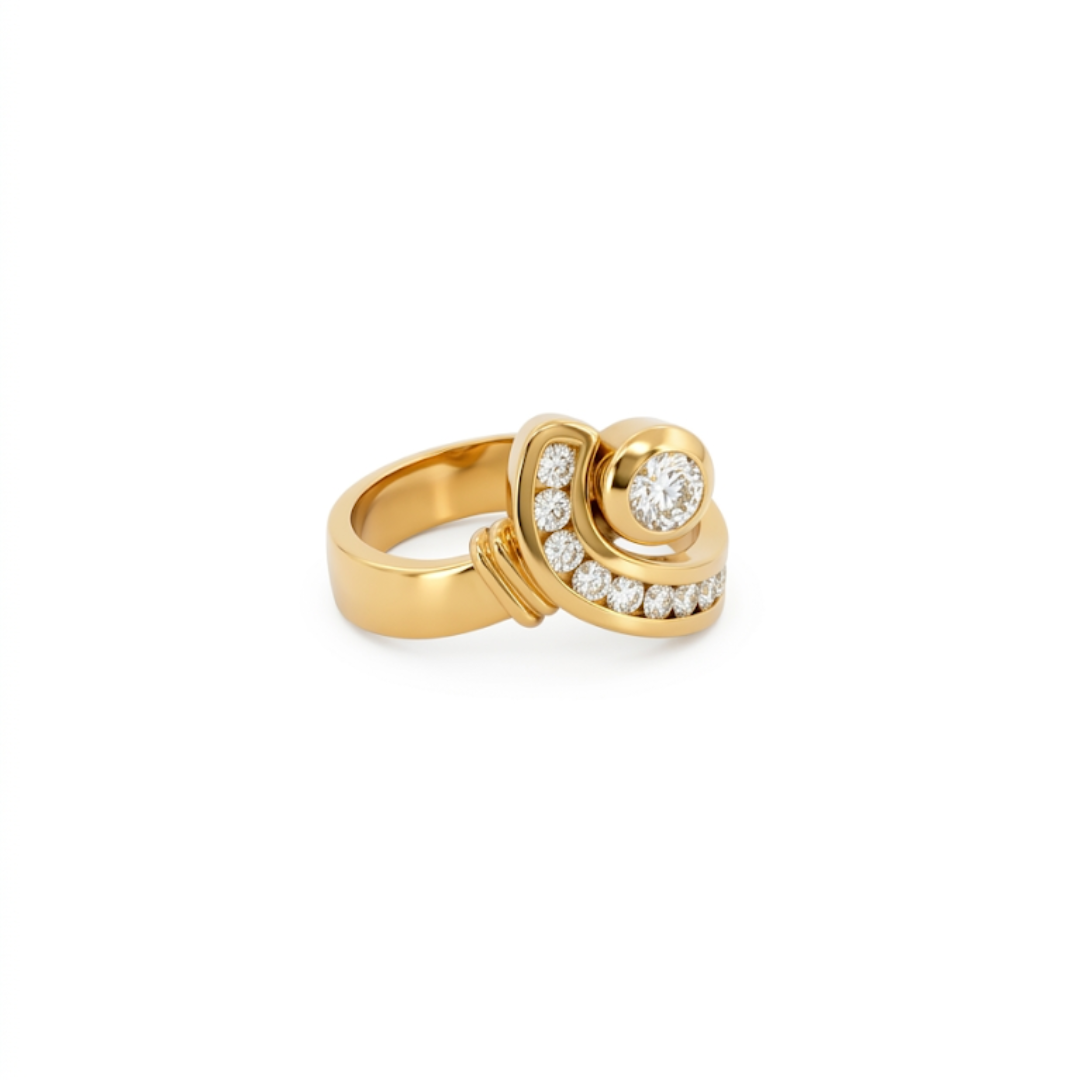 Anillo realizado en oro amarillo de 18kt con brillante central y brazo con carril de 8 diamantes. Anillos de segunda mano baratos, joyas de oro antiguas, donde comprar oro Barcelona.