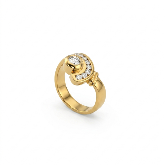 Anillo realizado en oro amarillo de 18kt con brillante central y brazo con carril de 8 diamantes. Anillos de segunda mano baratos, joyas de oro antiguas, donde comprar oro Barcelona.