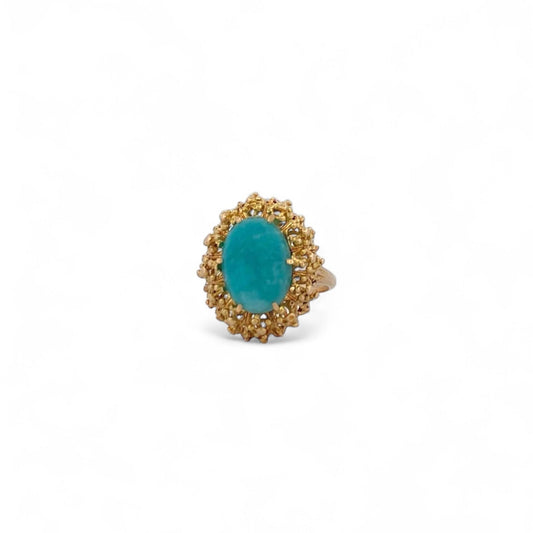 Comprar sortija de oro amarillo de 18kt con turquesa talla oval engastada en 6 grapas.
Joyería Ian'Or compro oro. Joyas únicas. Envío GRATIS. Ian'Or.