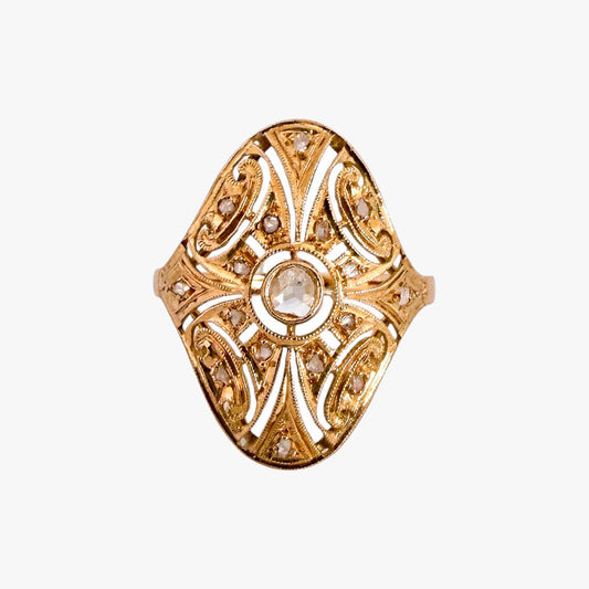 Comprar sortija vintage tipo lanzadera alargado realizada en oro amarillo de 18kt y 17 diamantes talla antigua. Joyas vintage. Joyería Ian'Or. Envío GRATIS.