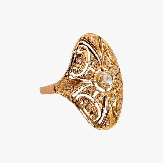 Comprar sortija vintage tipo lanzadera alargado realizada en oro amarillo de 18kt y 17 diamantes talla antigua. Joyas vintage. Joyería Ian'Or. Envío GRATIS.