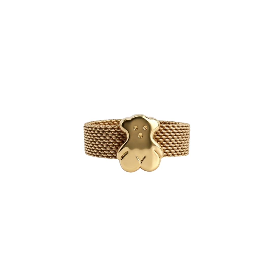 Comprar anillo original de Tous realizado con el característico tejido de malla en oro amarillo de 18kt y oso icónico de la marca en oro amarillo de 18k. Ian'Or