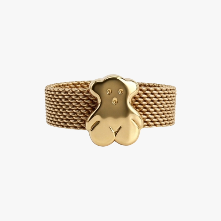 Comprar anillo original de Tous realizado con el característico tejido de malla en oro amarillo de 18kt y oso icónico de la marca en oro amarillo de 18k. Ian'Or