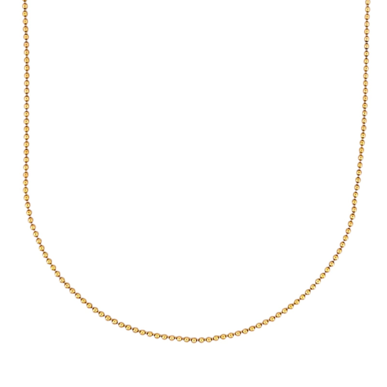 Cadena bolitas de oro malla estilo militar realizada en oro amarillo de 18kt. Esta cadena dispone de cierre tipo mosquetó  46,3cm x 1,53mm. Cadenas de oro 18kt baratas