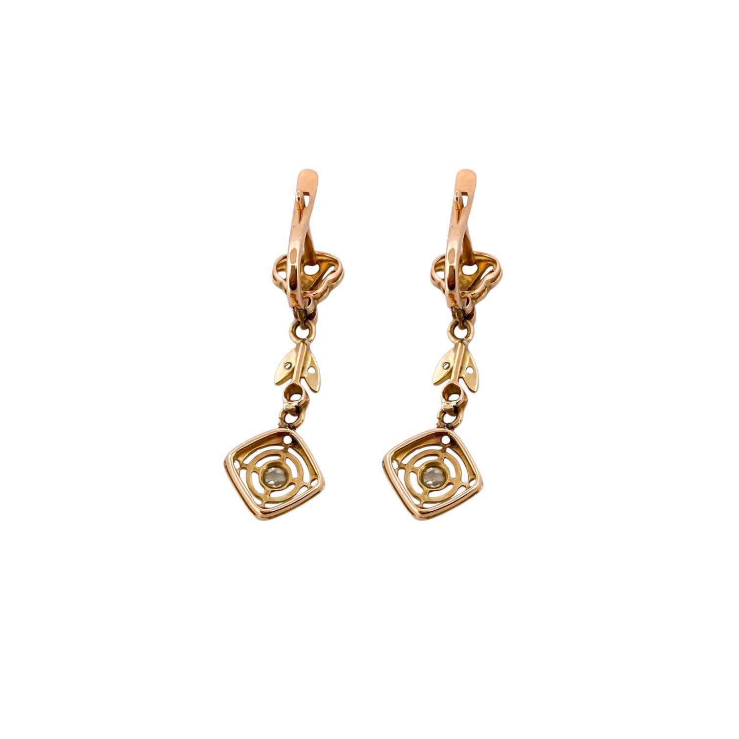 Comprar pendientes largos vintage en oro amarillo de 18kt con 12 diamantes en cada pendiente. Cierre catalán. Joyas vintage. Joyería Ian'Or. Envío GRATIS.