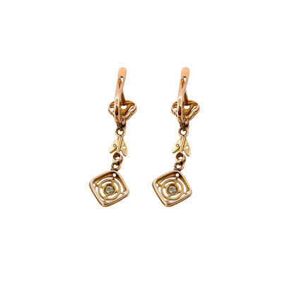 Comprar pendientes largos vintage en oro amarillo de 18kt con 12 diamantes en cada pendiente. Cierre catalán. Joyas vintage. Joyería Ian'Or. Envío GRATIS.