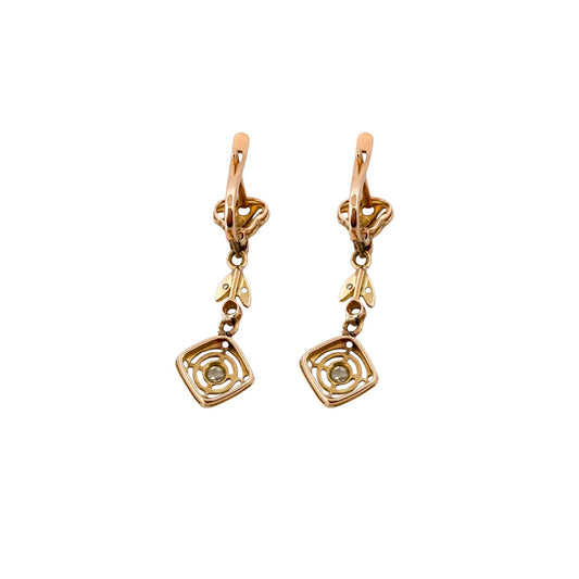 Comprar pendientes largos vintage en oro amarillo de 18kt con 12 diamantes en cada pendiente. Cierre catalán. Joyas vintage. Joyería Ian'Or. Envío GRATIS.