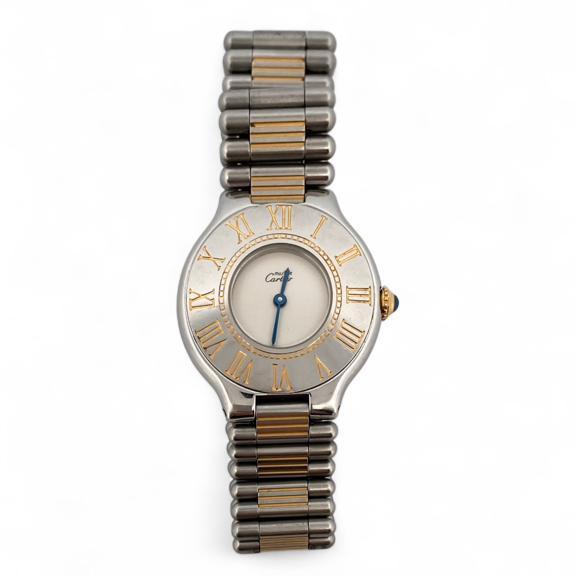Reloj original Cartier modelo Must 21 realizado en acero y chapado en oro 18kt movimiento cuarzo.
Relojes Cartier de segunda mano baratos en Barcelona. 