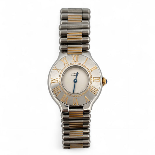 Reloj original Cartier modelo Must 21 realizado en acero y chapado en oro 18kt movimiento cuarzo.
Relojes Cartier de segunda mano baratos en Barcelona. 