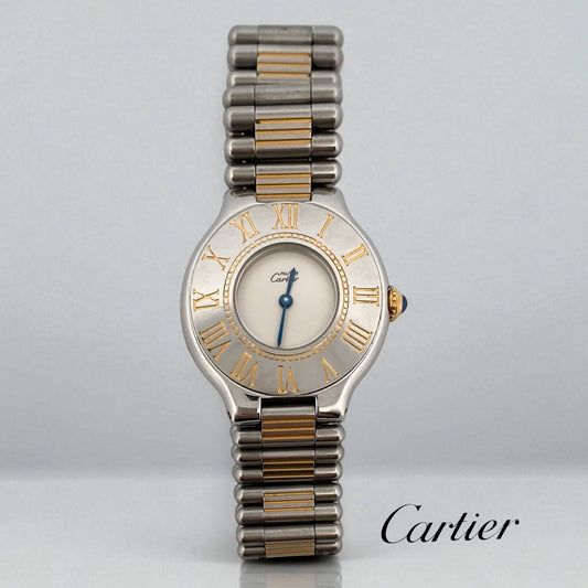 Reloj original Cartier modelo Must 21 realizado en acero y chapado en oro 18kt movimiento cuarzo.
Relojes Cartier de segunda mano baratos en Barcelona. 