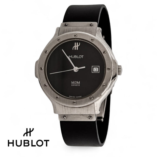 Compar Reloj mujer de la firma Hublot realizado en caucho negro y acero, esfera negra de 28mm con cristal de zafiro y sin cifras. Relojes Hublot de segunda mano baratos Barcelona.