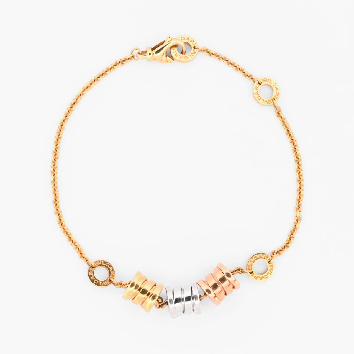 Comprar pulsera Bvlgari modelo B.zero realizada en oro amarillo, blanco y rosa de 18kt. Cierre tipo mosquetón. Joyas Bvlgari. Joyería Ian'Or. Envio GRATIS.