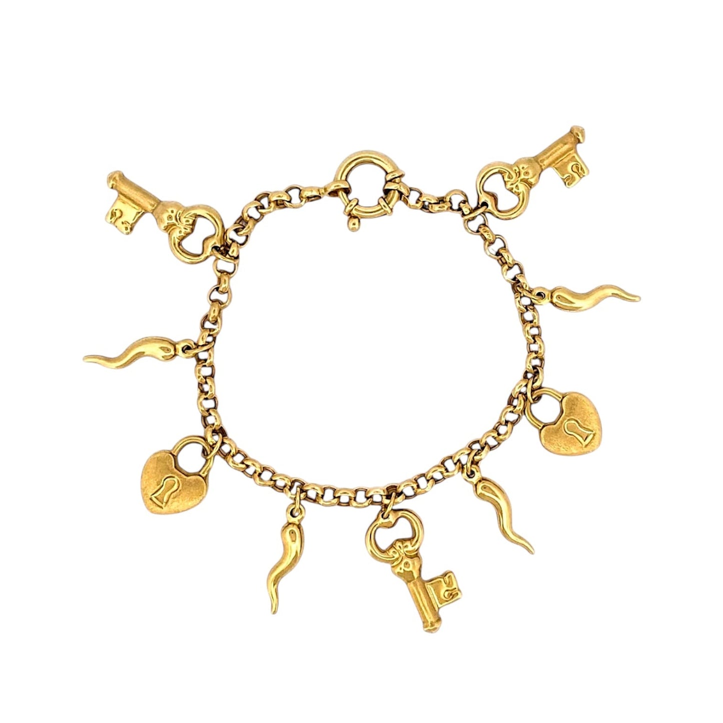 Comprar pulsera realizada en oro amarillo de 18kt con colgantes en forma de llaves y candados. Cierre tipo marinero. Joyas segunda mano. Joyería Ian'Or.