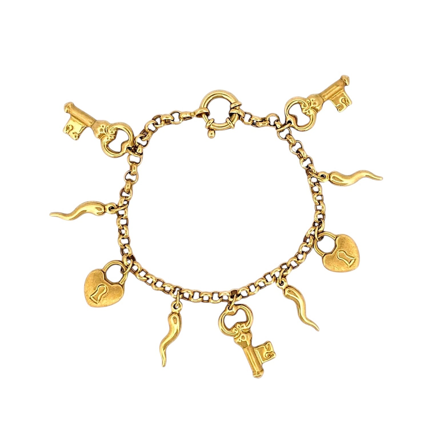 Comprar pulsera realizada en oro amarillo de 18kt con colgantes en forma de llaves y candados. Cierre tipo marinero. Joyas segunda mano. Joyería Ian'Or.