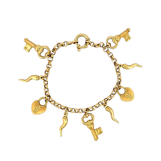 Comprar pulsera realizada en oro amarillo de 18kt con colgantes en forma de llaves y candados. Cierre tipo marinero. Joyas segunda mano. Joyería Ian'Or.