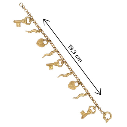 Comprar pulsera realizada en oro amarillo de 18kt con colgantes en forma de llaves y candados. Cierre tipo marinero. Joyas segunda mano. Joyería Ian'Or.