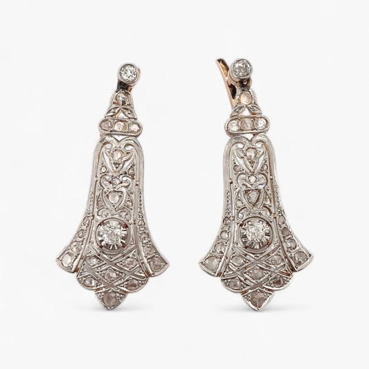 Comprar pendientes largos vintage de oro amarillo de 18kt con diamantes talla antigua engastados en platino. Cierre catalán. Joyería Ian'Or. Envío GRATIS.