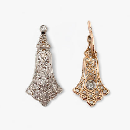 Comprar pendientes largos vintage de oro amarillo de 18kt con diamantes talla antigua engastados en platino. Cierre catalán. Joyería Ian'Or. Envío GRATIS.