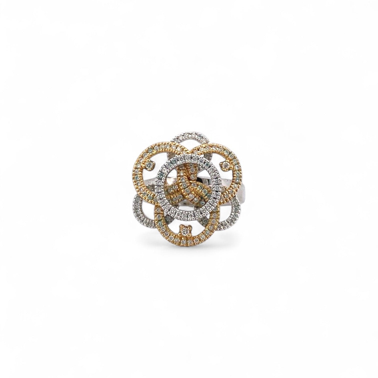 Comprar sortija en forma de flor realizada en oro blanco y amarillo de 18kt con diamantes. Joyería compro oro Ian'Or. Joyas acondicionadas. Envío GRATIS.
