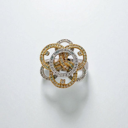 Comprar sortija en forma de flor realizada en oro blanco y amarillo de 18kt con diamantes. Joyería compro oro Ian'Or. Joyas acondicionadas. Envío GRATIS.